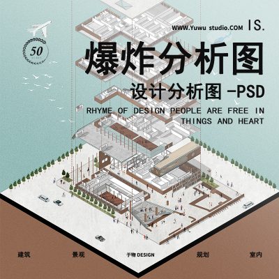 15建筑插画风爆炸图功能 人群场地气候场景分析图表PSD素材