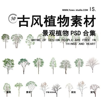 53国风山水画植物石头竹子园林景观淡雅设计PSD竞赛小清新png素材