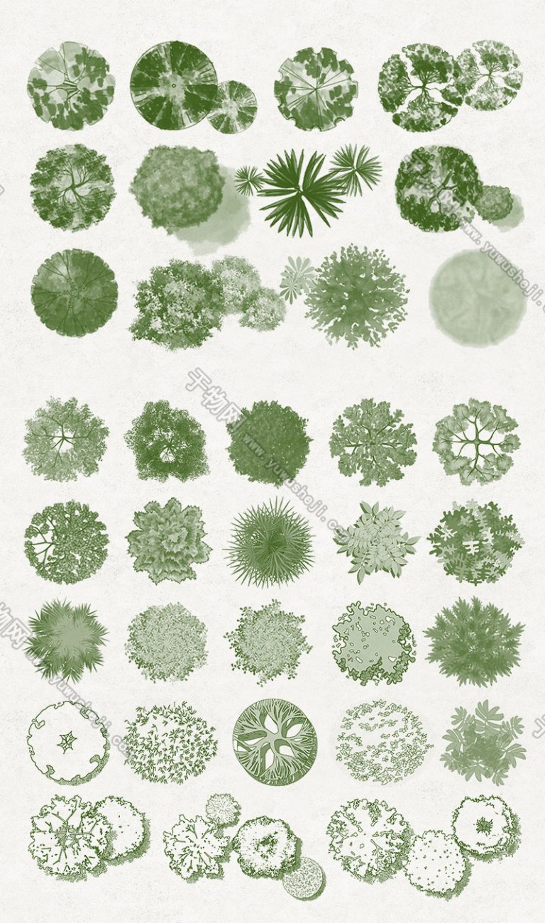 Procreate景观植物笔刷材质ipad建筑园林草坪水彩平面图PS素材 - 艺术设计日志-于物设计