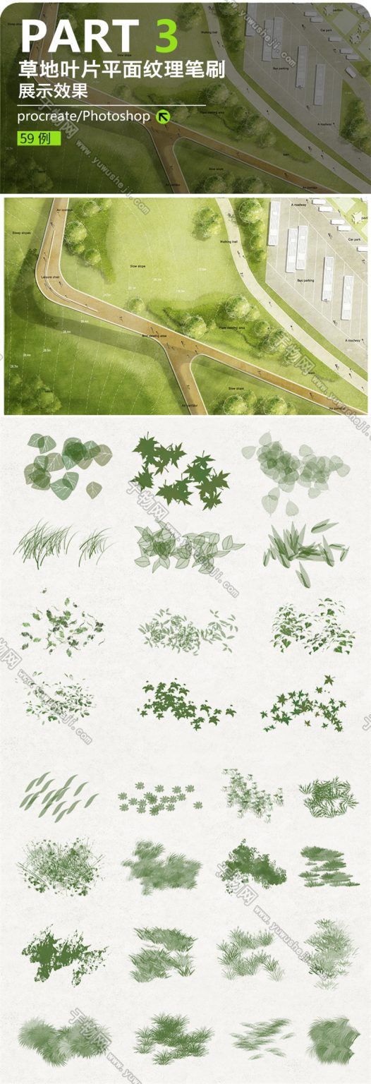 Procreate景观植物笔刷材质ipad建筑园林草坪水彩平面图PS素材 - 艺术设计日志-于物设计