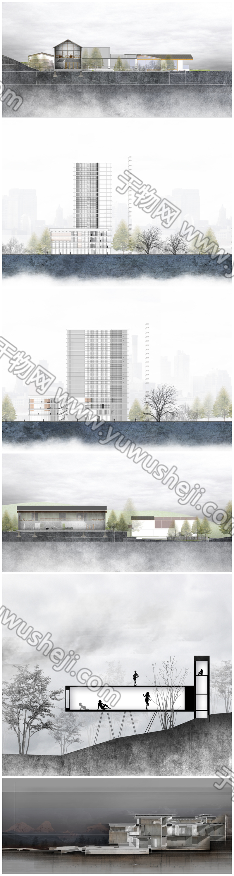 合集高级灰调建筑剖面图立面建筑景观竞赛展板毕设文本设计图PSD-083 - 艺术设计日志-于物设计
