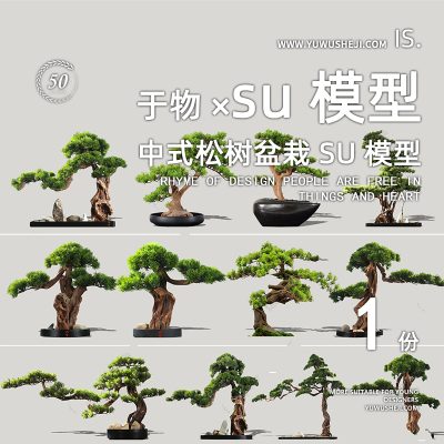 中式园林罗汉松造型树盆栽室内软装摆件盆景景观合集su模型048