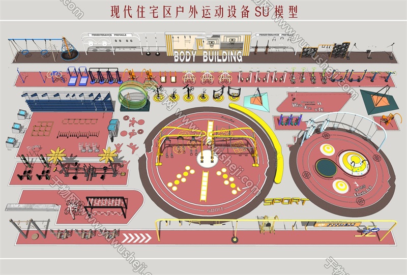 241现代户外运动器材组合户外运动平台运动平台住宅区平台SU模型