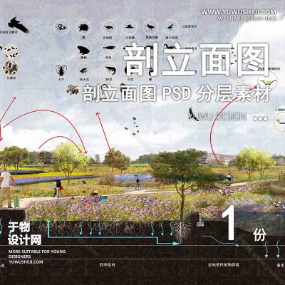 PLMT26-生态动物赛风灰色调PSD剖面立面图竞建筑规划景观园林环艺设计素材ps分层